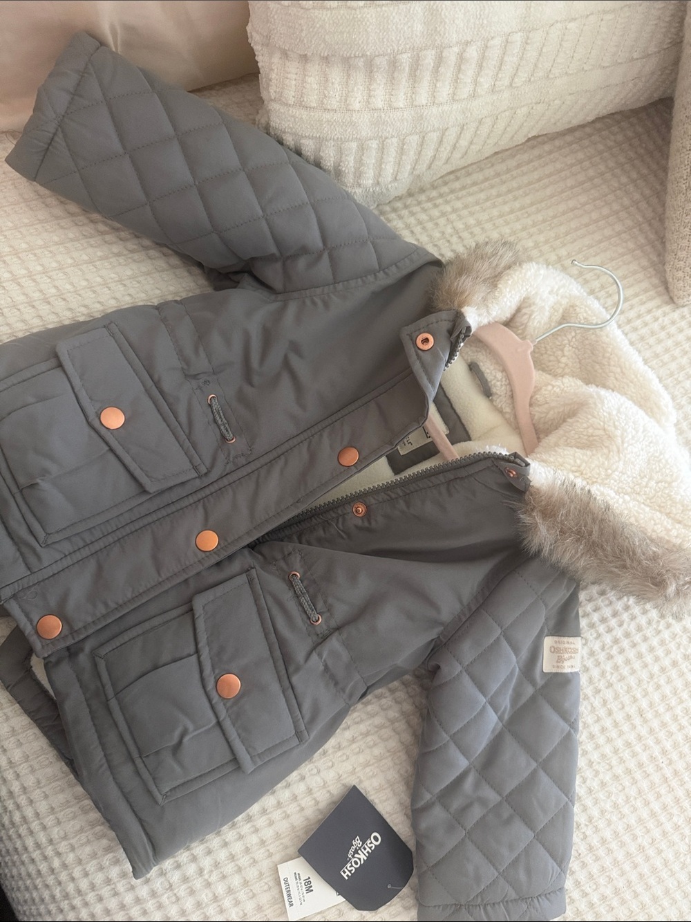 OshKosh B'gosh Quilted Hooded Puffer Jacket in Gray with Faux Fur Trim